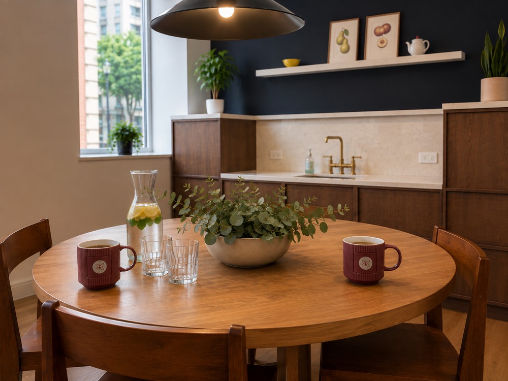 A round wooden table in the Monarch Well kitchen, set for two with Monarch Well mugs, a carafe of lemon water and a bowl of eucalyptus.